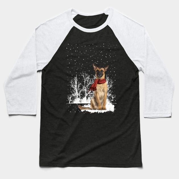 Chistmas Belgian Malinois With Scarf In Winter Forest Baseball T-Shirt by SuperMama1650